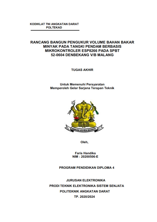 RANCANG BANGUN PENGUKUR VOLUME BAHAN BAKAR MINYAK PADA TANGKI PENDAM BERBASIS MIKROKONTROLER ESP8266 PADA SPBT  52-0604 DENBEKANG V/B MALANG